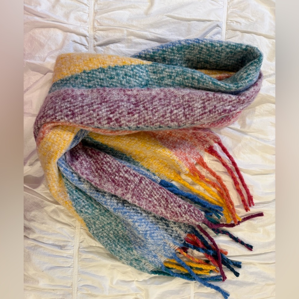 Multicolour Blanket Scarf Rainbow Fringe Oversized Winter Wrap
